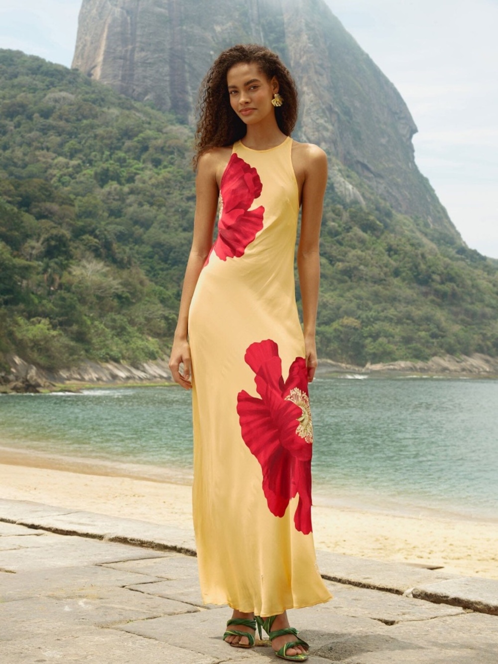 FARM Rio Light Yellow Poppy Flowers Sleeveless Lenzing Ecovero Viscose Maxi Dr